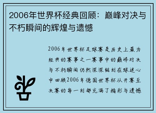 2006年世界杯经典回顾：巅峰对决与不朽瞬间的辉煌与遗憾