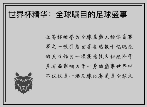 世界杯精华：全球瞩目的足球盛事