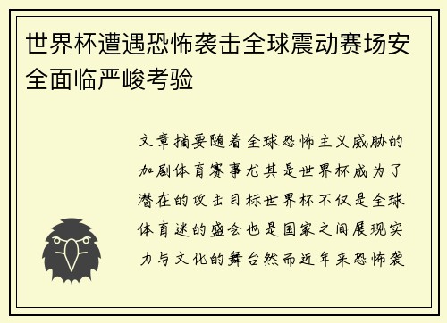 世界杯遭遇恐怖袭击全球震动赛场安全面临严峻考验